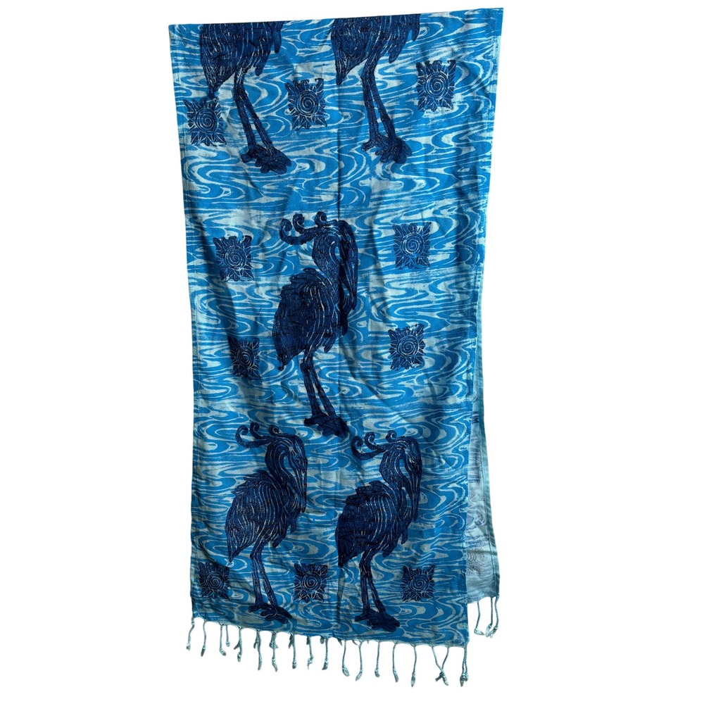 Blue Crane Bird Print Painted Scarf Sarong Wrap Tassel Signed Art to Wear Beach